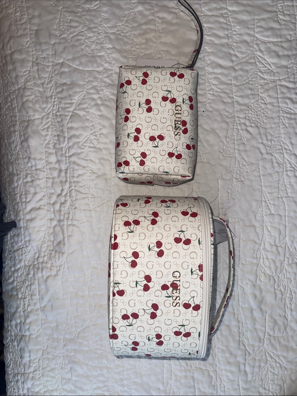 Viral GUESS White Cherry Print Cosmetic Case Duo with Wristlet